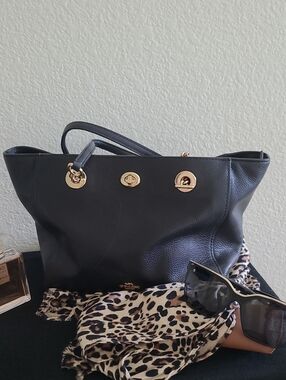 Coach Black Pebbled Leather Tote with Gold Chain Handles
